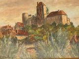 une peinture à l'huile représentant un château sur une colline avec des arbres au premier plan