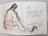 drawing of a man sitting on the ground with a dog