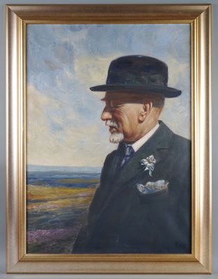 painting of a man in a suit and hat standing in front of a field