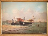 a painting of a man on a boat in the water