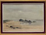 une peinture à l'huile représentant une scène de plage avec un phare au loin