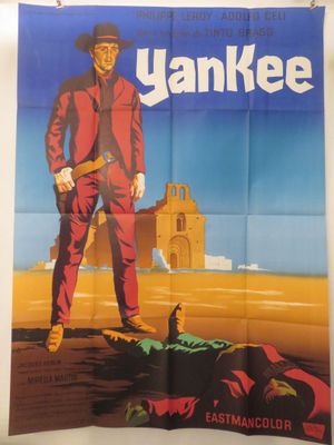 une affiche représentant un homme en costume rouge debout à côté d'un cheval mort
