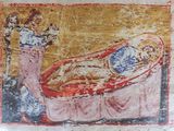 an image of a painting of a woman holding a baby in a crib