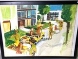 un tableau représentant un groupe de personnes dans une rue de la ville
