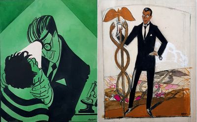 un tableau représentant un homme en smoking et un tableau représentant une femme en smoking