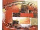 une peinture représentant une œuvre abstraite rouge et jaune sur fond blanc