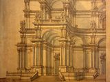 an old drawing of a building with a staircase and a man sitting on a bench in front of it
