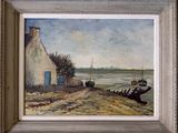 a picture of a painting of a house by the water