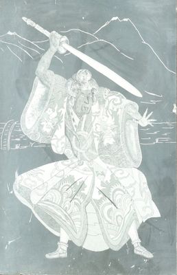 a drawing of a man with a sword in his hand