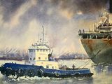 une peinture représentant un remorqueur et un grand navire sur l'eau