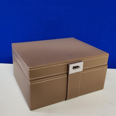 an image of a brown leather jewelry box on a white table