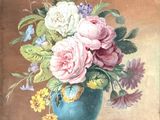 a painting of flowers in a blue vase on a table