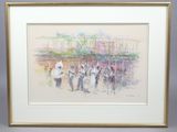 painting of a group of people walking down a street in front of a building