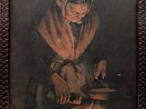 an old painting of a woman preparing food on a table