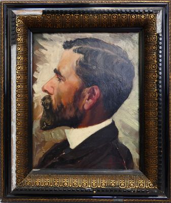tableau représentant un homme barbu vêtu d'un costume noir et d'une chemise blanche