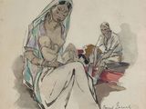 painting of a woman sitting on a bed with a man sitting next to her