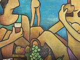 a painting of two people sitting on a bench