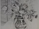 un dessin représentant un vase avec des fleurs à l'intérieur