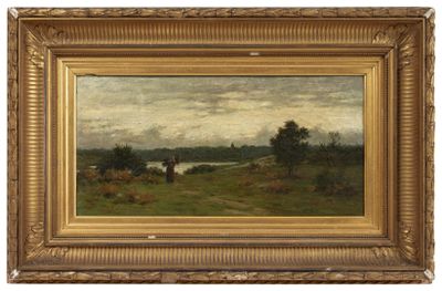 une image représentant un tableau représentant un paysage avec une rivière au loin
