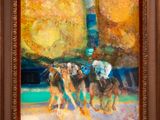 framed oil painting of a horse race with jockeys and jockeys