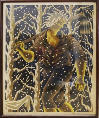 tableau représentant un homme marchant dans une forêt enneigée, un couteau à la main