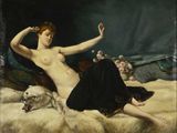 painting of a woman laying on a bed next to a dog