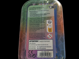 a plastic container with a label on it on a black background