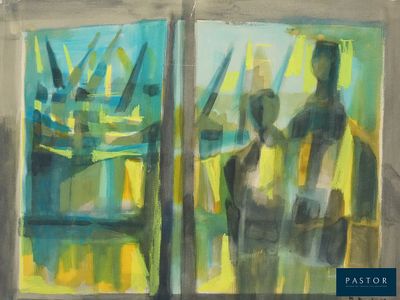 deux tableaux représentant un homme et une femme assis sur un canapé devant une fenêtre