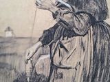 a drawing of a woman with a bird in her hand