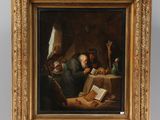 painting of a man reading a book on an easel in a room