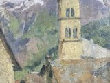 a painting of a church with a steeple in the background