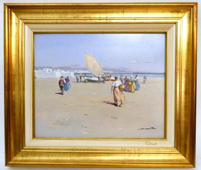 peinture de personnes marchant sur une plage avec un bateau en arrière-plan