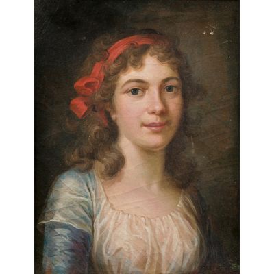 un tableau représentant une femme avec un nœud rouge dans les cheveux