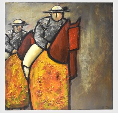 abstract painting of three men riding horses in a yellow dress