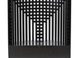 a close up of a black plastic chair on a white background