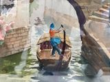 une aquarelle représentant un homme sur un bateau dans un canal
