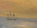 une peinture à l'huile représentant un voilier en mer au coucher du soleil