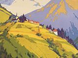 painting of a painting of a mountain scene with a village in the foreground