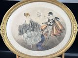 a picture of a picture of a woman and a man on a horse