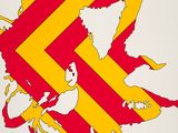 an image of a red and yellow poster with a picture of a man ' s face on it