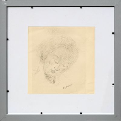 dessin représentant une femme les yeux fermés, dans un cadre blanc