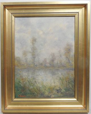 un tableau représentant un paysage avec une rivière en arrière-plan