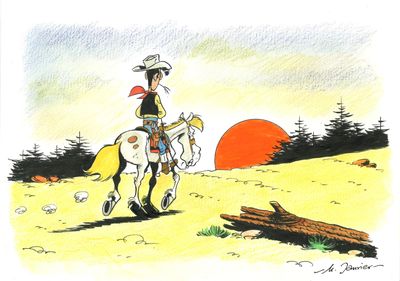dessin représentant un homme à cheval dans un champ, avec un coucher de soleil en arrière-plan