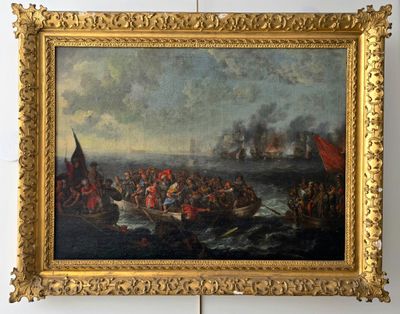 une peinture représentant un groupe de personnes sur un bateau dans l'eau