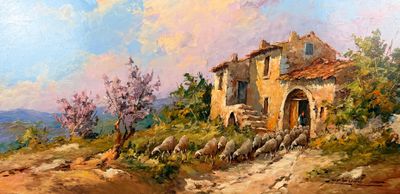 une peinture à l'huile représentant une maison située sur une colline surplombant une vallée