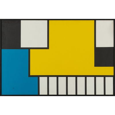 une peinture abstraite composée de carrés et de rectangles jaunes, bleus, noirs et blancs