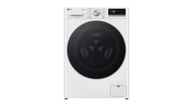 une machine à laver blanche, la porte ouverte, sur un fond blanc