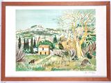 framed watercolor painting of a landscape with a house and a horse