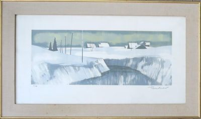 tableau encadré représentant une scène hivernale avec des maisons et un ruisseau