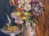 a painting of flowers in a vase and a plate on a table